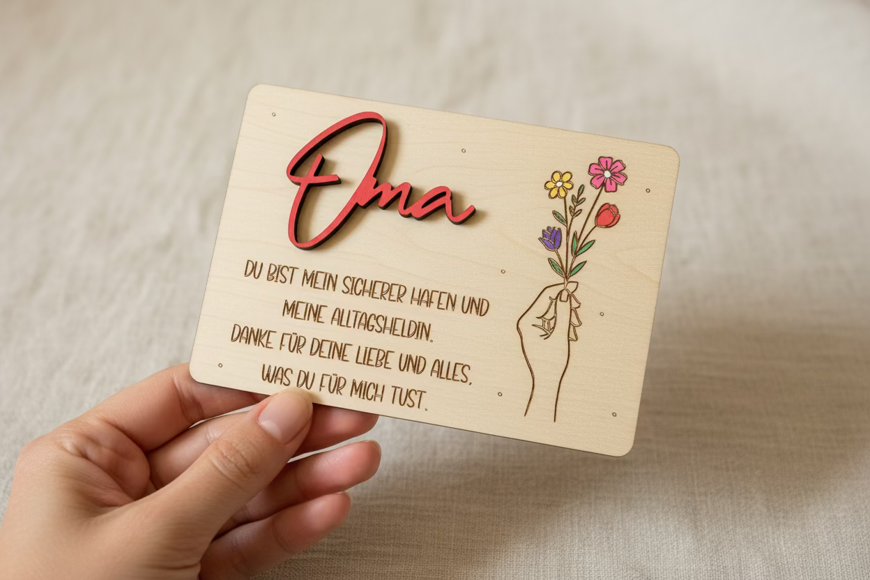 Helles holz geschenkschild mit rotem laser-cut text oma und hand mit blumen illustration, graviert mit deutschem text