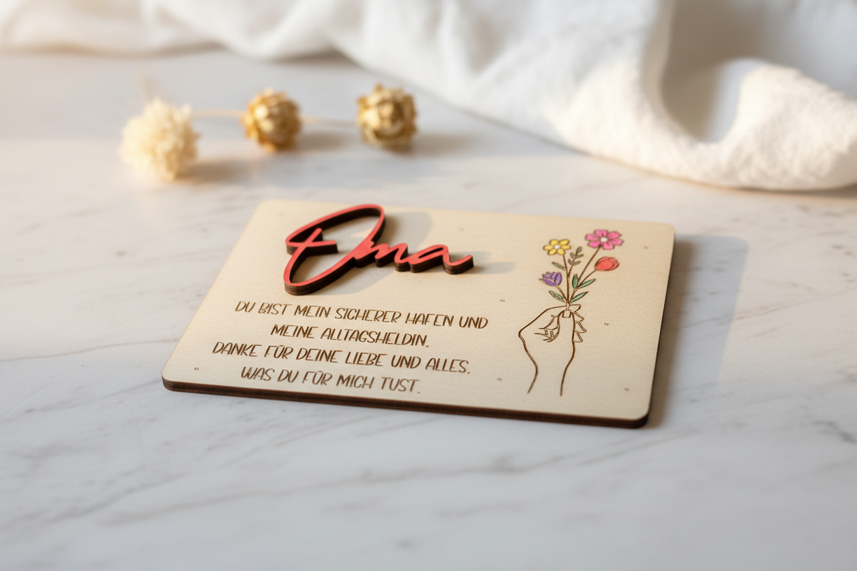 Leicht holzgeschenkkarte mit rotem laser-cut text oma und blumen illustration handgefertigt und personalisierbar