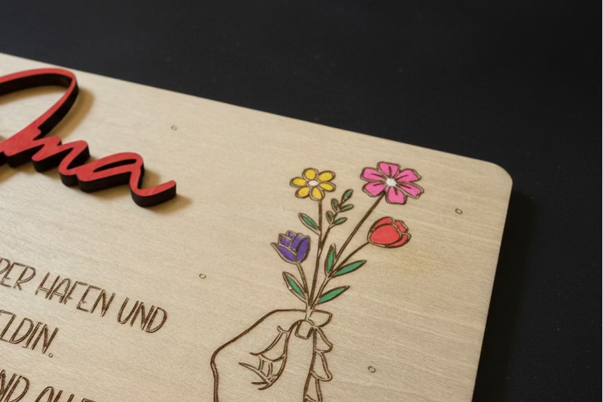 Eine leichtholzgeschenkkarte mit lasergraviertem handdesign und bunten blumen sowie rotem anna schriftzug