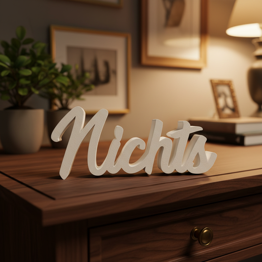 Weißes nitches 3d druck holzbuchstaben dekoration aus pla auf dunklem holzkommode humorvolles geschenk