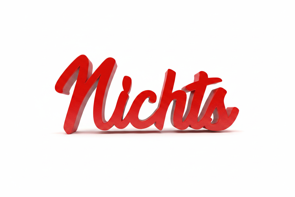 Rotes 3d-druck geschenk nichts aus pla in dreidimensionaler kursivschrift vor weißem hintergrund