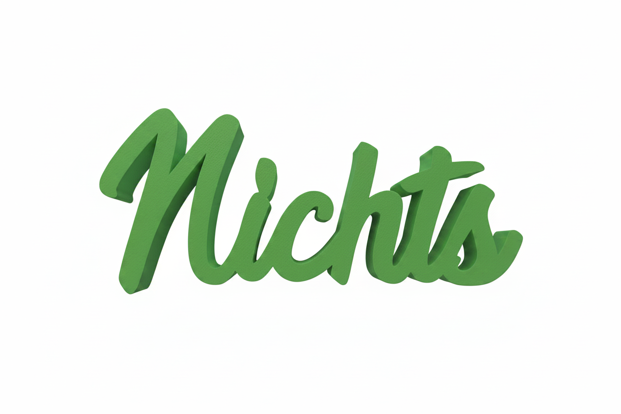 Grüne 3d druckschrift nichts aus pla für humorvolle geschenke mit oder ohne reagenzglas vor weißem hintergrund