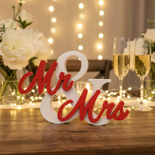 Rotes und weißes mr und mrs holzschild aus pla für moderne und von herzen hochzeitsgeschenke
