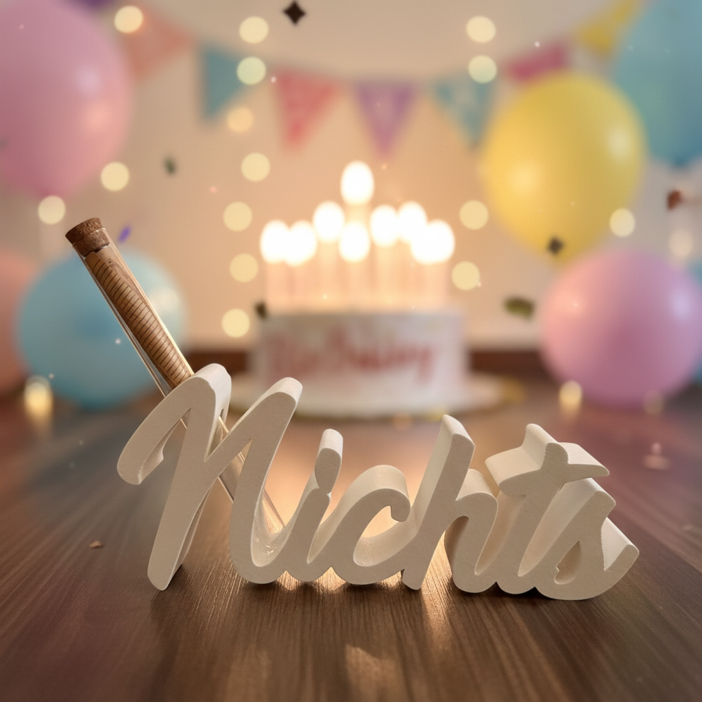Weiße 3d gedruckte nights schriftzugdekoration aus pla mit korkflasche im i für humorvolles geschenk