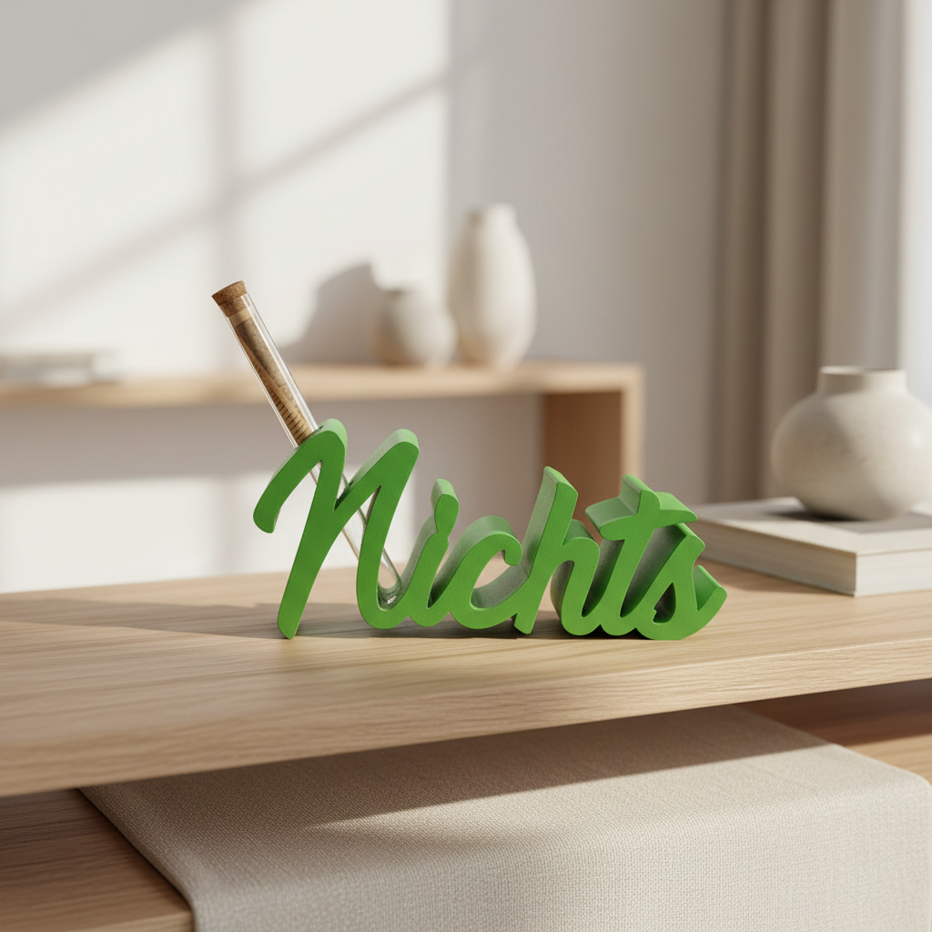 Grüner hölzerner nichts buchstabenhalter aus pla mit korkverschluss glasröhrchen in humorvollem 3d druck geschenk