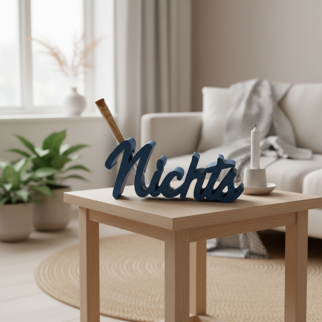 Dunkelblaues 3d holzlettering nichts aus pla auf hellem holztisch humorvolles druck geschenk