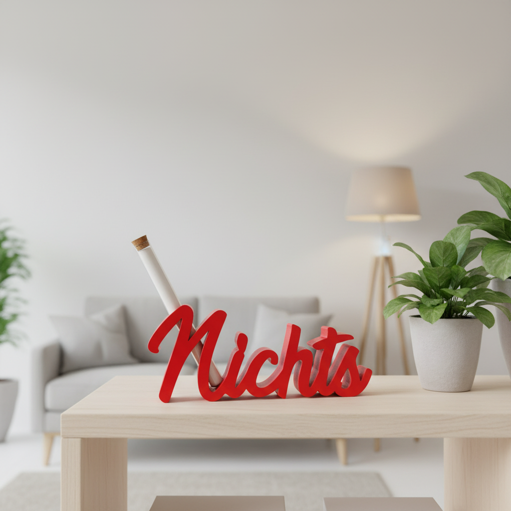 Rotes hölzernes 3d druck dekor mit dem schriftzug nichts und einer korkflasche dahinter aus pla material