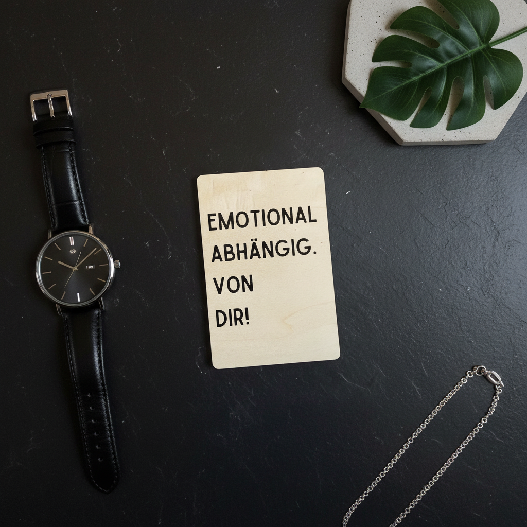 Holzkarte „Emotional Abhängig. Von dir!“ | UV-Druck Liebeskarte