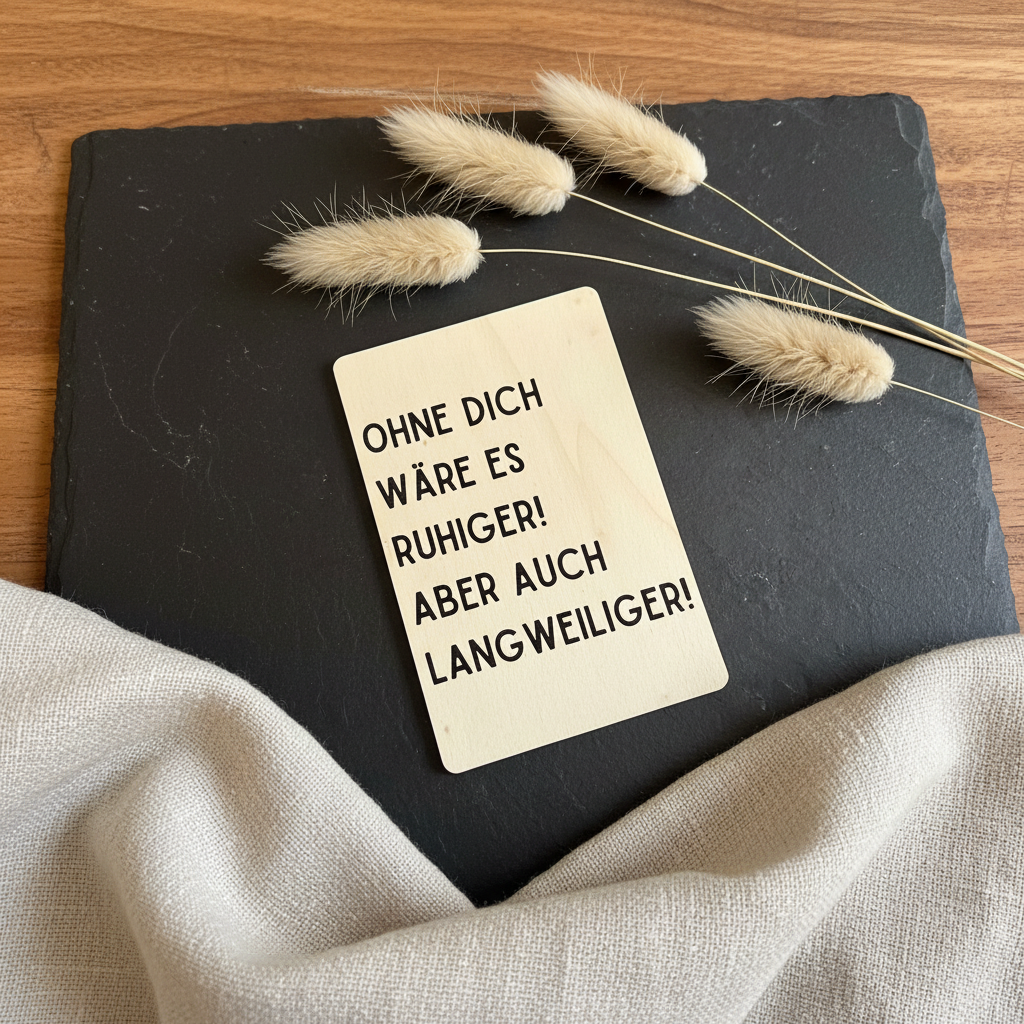 Holzkarte „Ohne dich wäre es ruhiger! Aber auch langweiliger!“ | UV-Druck Geschenkkarte