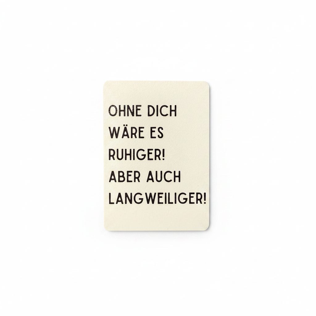 Creamfarbene rechteckige pla-karte mit schwarzem serifenlos text ohne dich wäre es ruhiger aber auch langweiliger