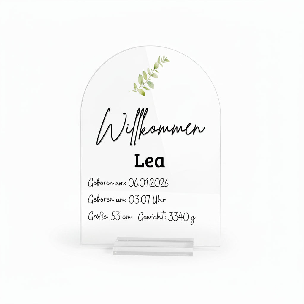 Personalisierte Acryl Tafel „Willkommen“ mit Namen & Geburtsdaten | Rundbogen-Design mit Pflanzendruck