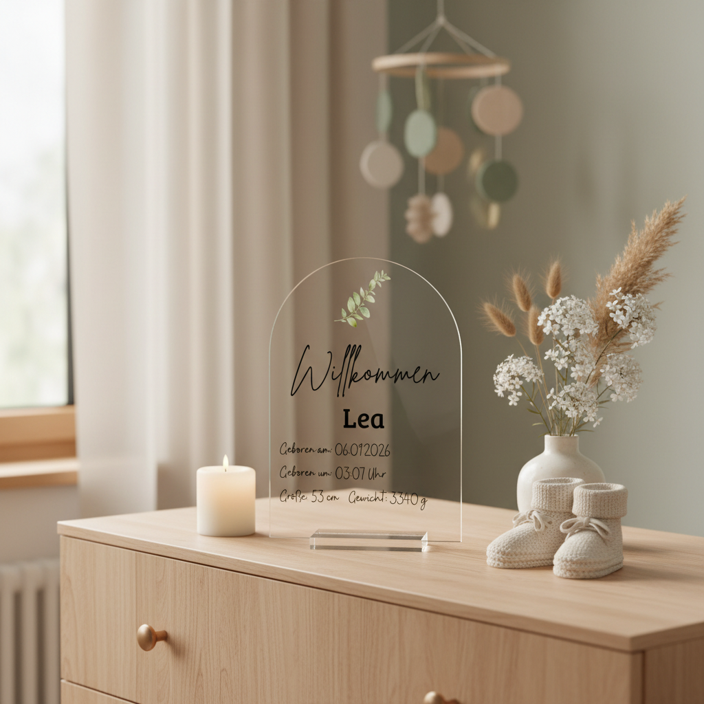 Personalisierte Acryl Tafel „Willkommen“ mit Namen & Geburtsdaten | Rundbogen-Design mit Pflanzendruck
