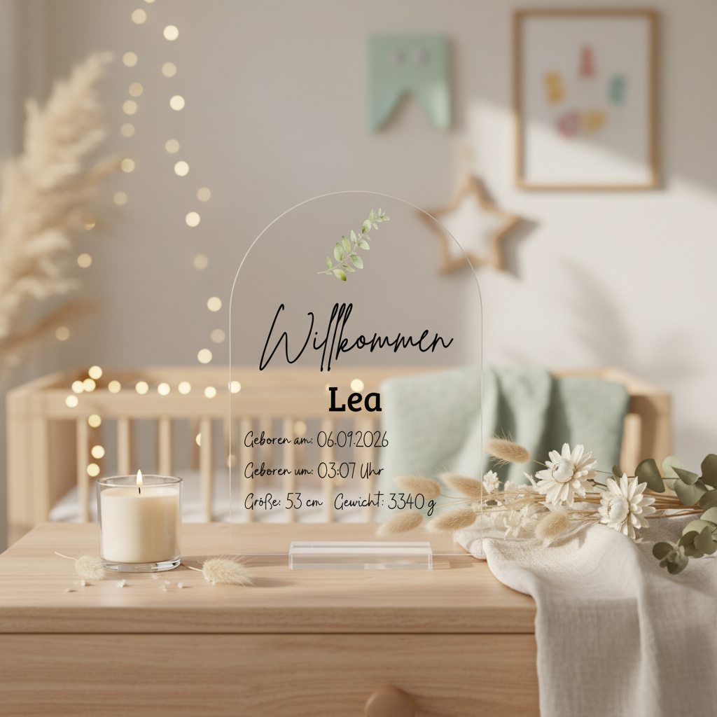 Personalisierte Acryl Tafel „Willkommen“ mit Namen & Geburtsdaten | Rundbogen-Design mit Pflanzendruck