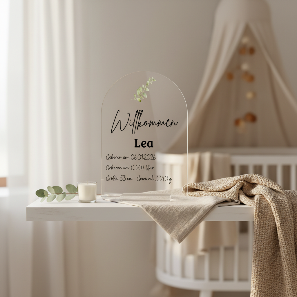 Personalisierte Acryl Tafel „Willkommen“ mit Namen & Geburtsdaten | Rundbogen-Design mit Pflanzendruck