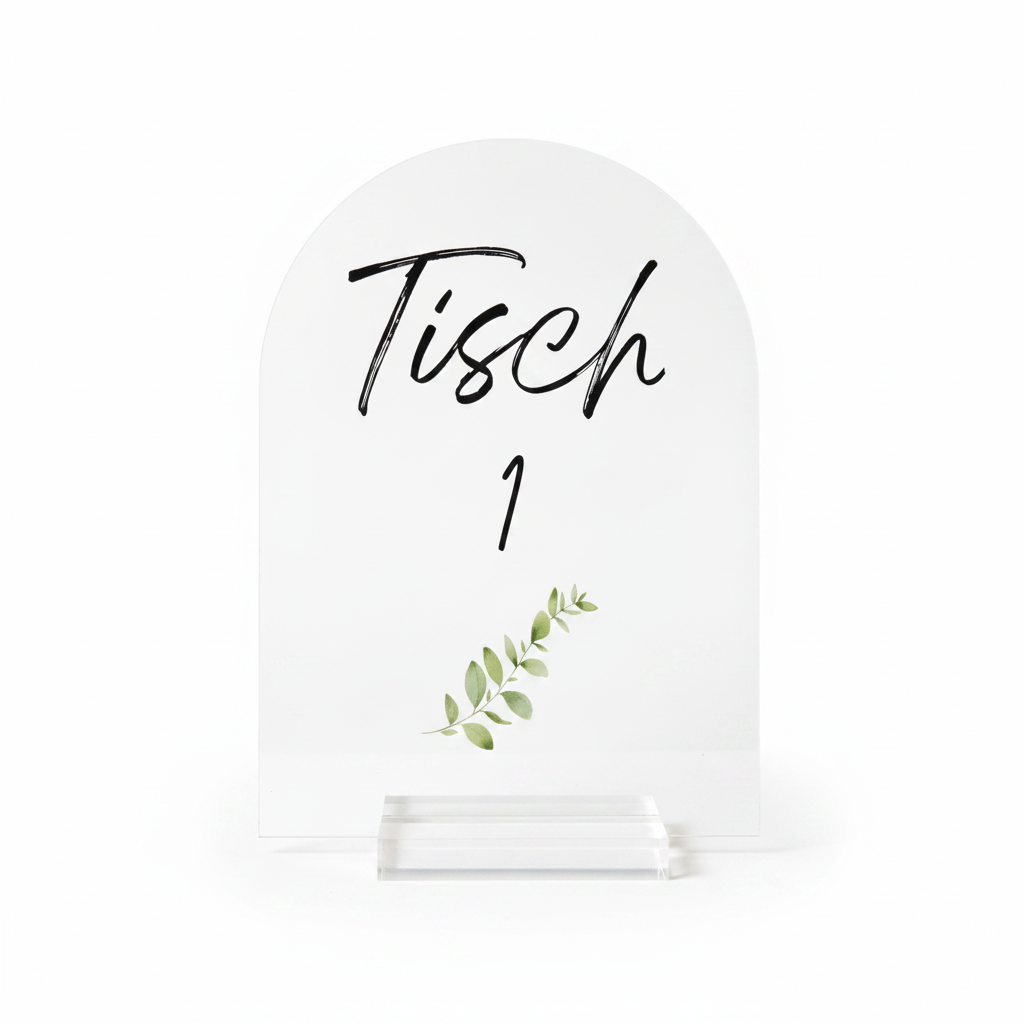 Acryl-Tischschild „Tisch“ mit Nummer | Rundbogen-Design, mit Pflanzenmotiv oder Gästenamen