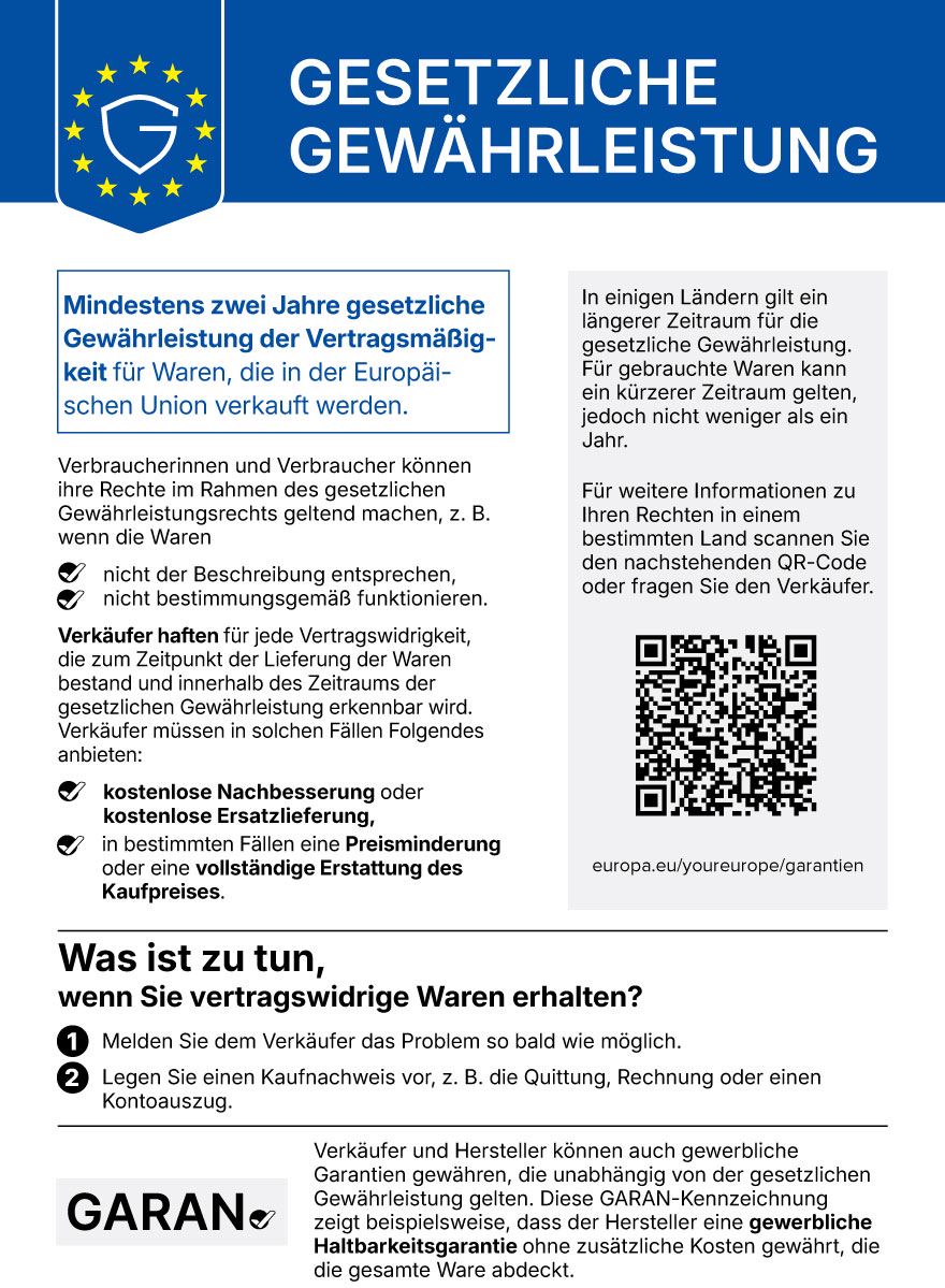 Blau-weißer deutscher Werbeplakat für eine gesetzliche Gewährleistung mit QR-Code.
