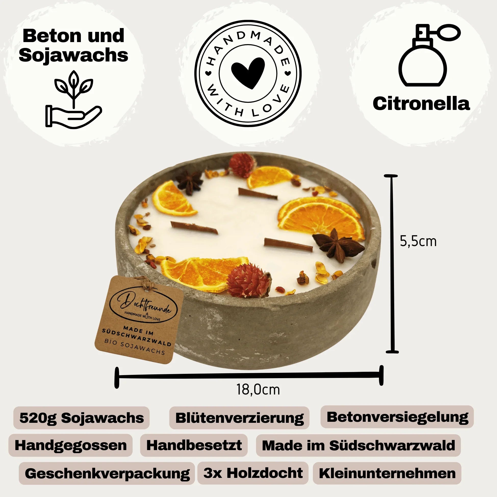 Handbesetze XXL Outdoor Citronella-Betonkerze „Big Grey - Mugge Schreck“