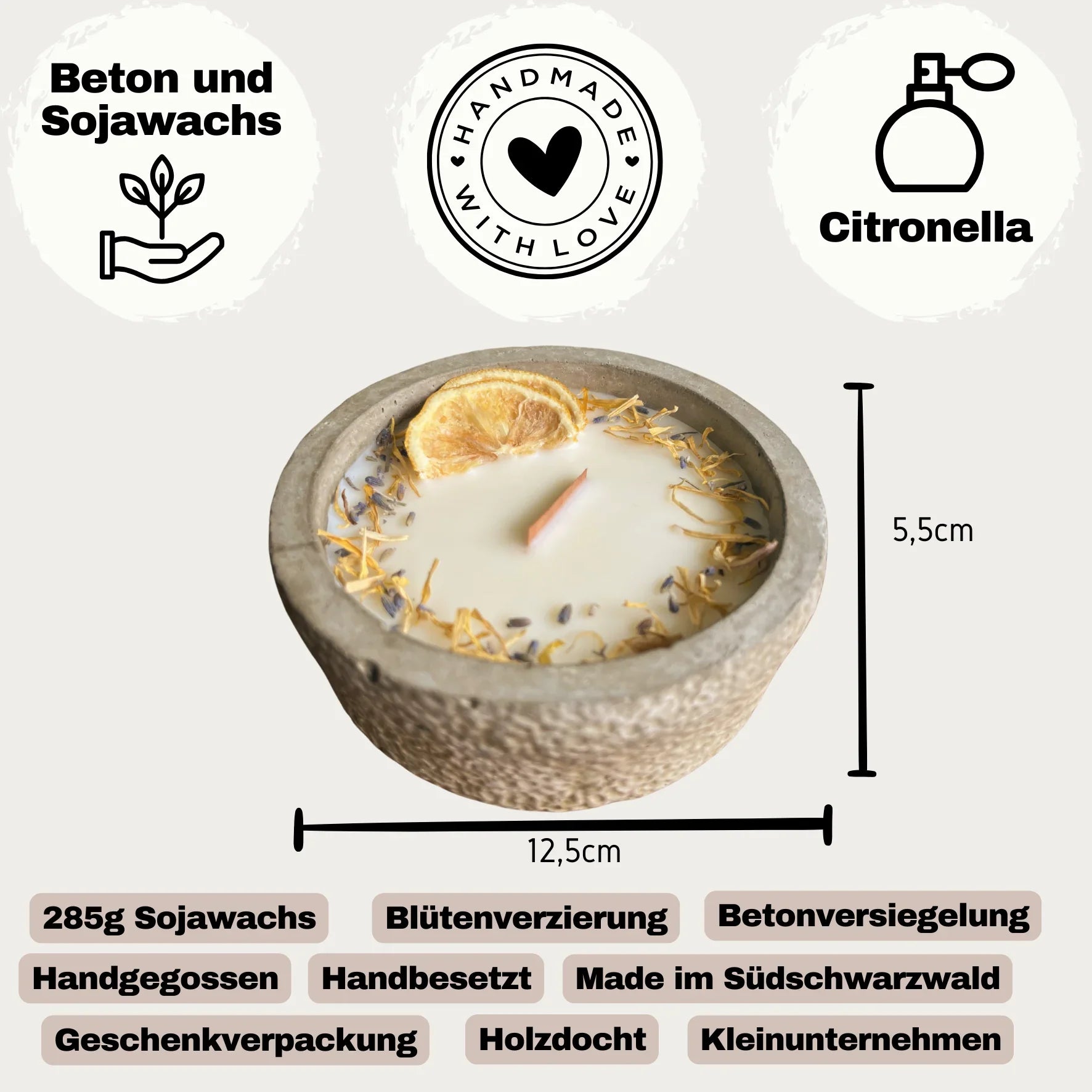 Handgefertigte Citronella Betonkerze, schwarz