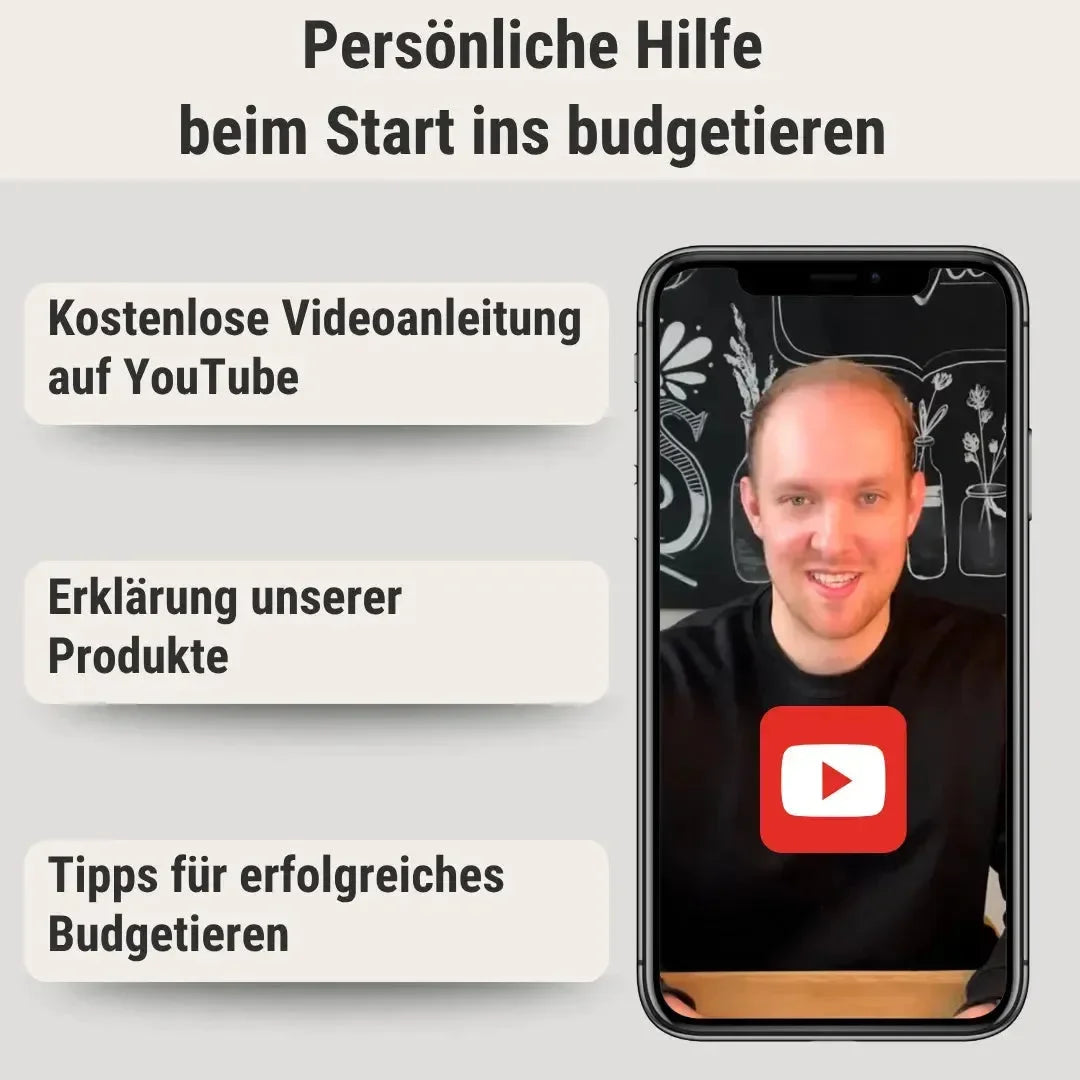 Ein Smartphone zeigt einen Mann mit YouTube-Logo. Entdecke beim BeginnerBudget Budget Binder "Gecko" (A6) kostenlose Videoanleitungen, Sparziele, Produkterklärung und Tipps zum Budgetieren - plus persönliche Starthilfe!.