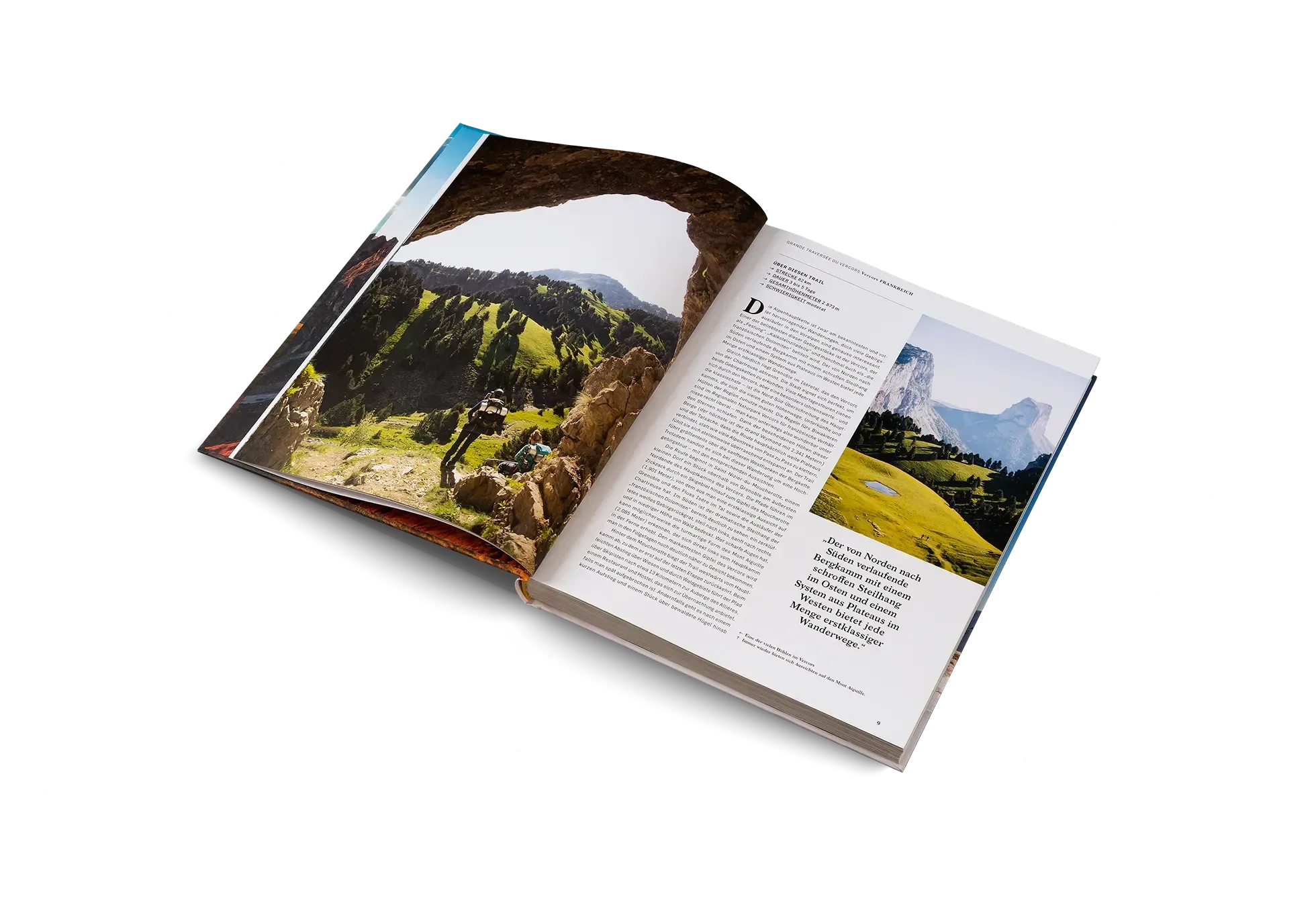 Das Buch Wanderlust Alpen von gestalten EU Shop zeigt ein malerisches Foto von Wanderern in den Alpen in der Nähe einer Felsenhöhle, zusammen mit Berggrün, einer Textseite und einem weiteren Landschaftsbild, das ein Tal und ferne Gipfel zeigt.