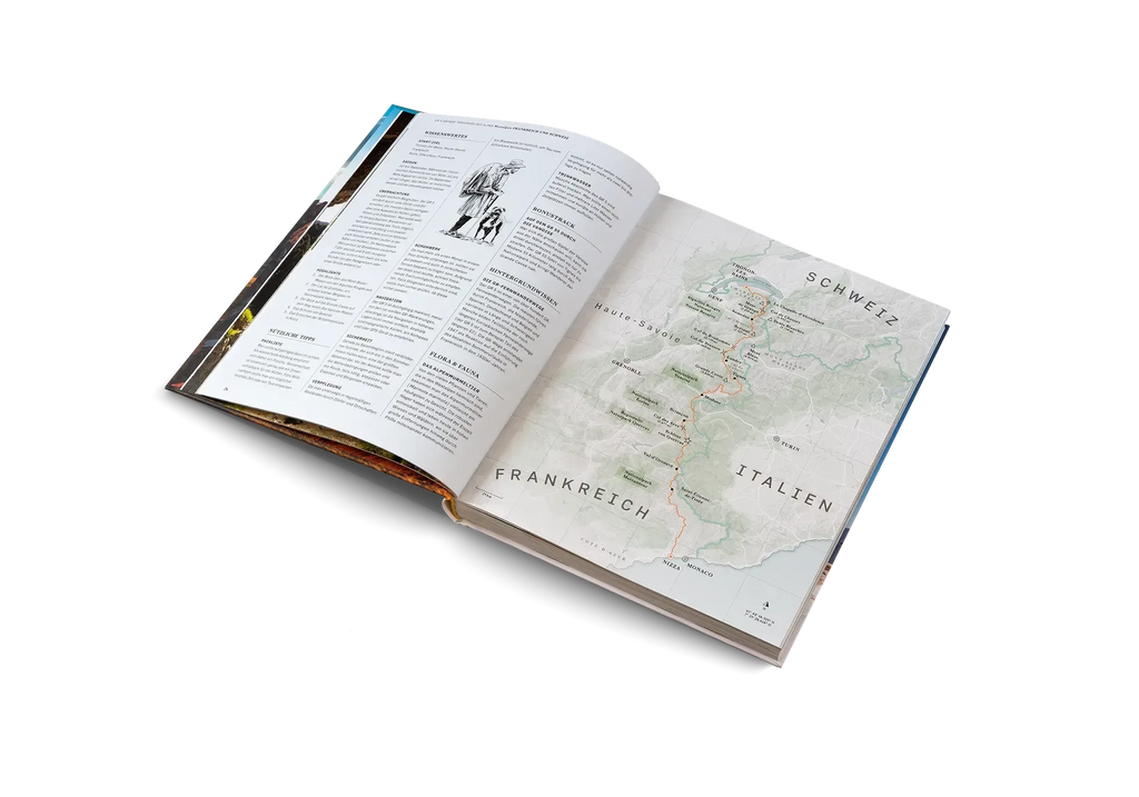 Das aufgeschlagene Buch Wanderlust Alpen von gestalten EU Shop zeigt auf der rechten Seite eine Alpenkarte mit markierten Wanderwegen durch Frankreich, die Schweiz und Italien und auf der linken Seite einen Text mit einer kleinen Illustration - ideal für die Planung Ihres nächsten Alpenabenteuers.