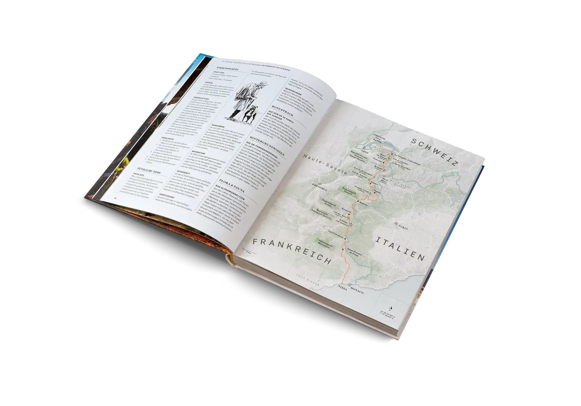 Das aufgeschlagene Buch Wanderlust Alpen von gestalten EU Shop zeigt auf der rechten Seite eine Alpenkarte mit markierten Wanderwegen durch Frankreich, die Schweiz und Italien und auf der linken Seite einen Text mit einer kleinen Illustration - ideal für die Planung Ihres nächsten Alpenabenteuers.