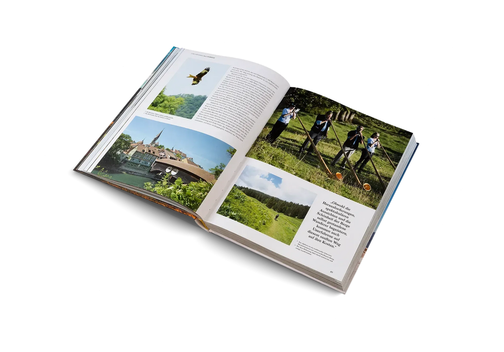 Das aufgeschlagene Buch "Wanderlust Alpen" aus dem gestalten EU Shop zeigt Landschaftsfotos, ein hoch aufragendes Gebäude und Menschen auf einem grasbewachsenen Hügel, mit beschreibendem Text auf weißen Seiten vor weißem Hintergrund.