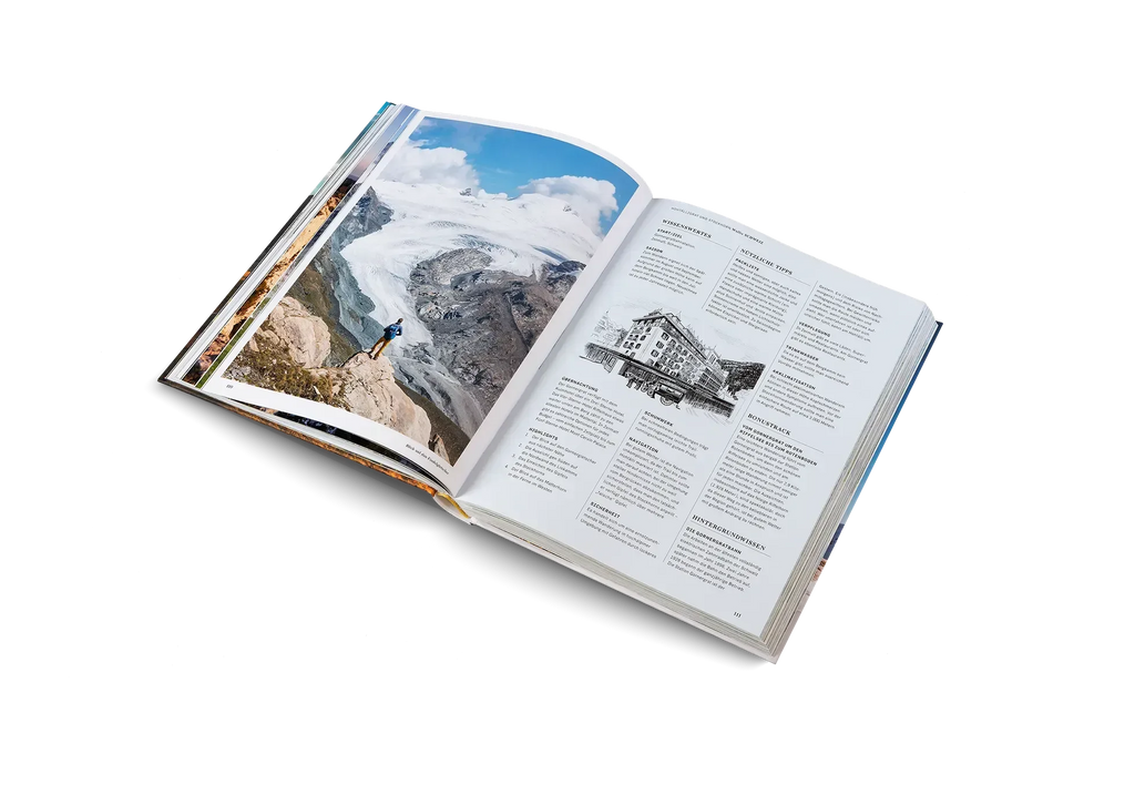Auf einer weißen Fläche liegt ein aufgeschlagenes Wanderlust Alpen Buch von gestalten EU Shop, das auf der linken Seite eine Person auf einer Bergklippe an einem Gletscher und auf der rechten Seite Text neben einer schwarz-weißen Gebäudeskizze zeigt.
