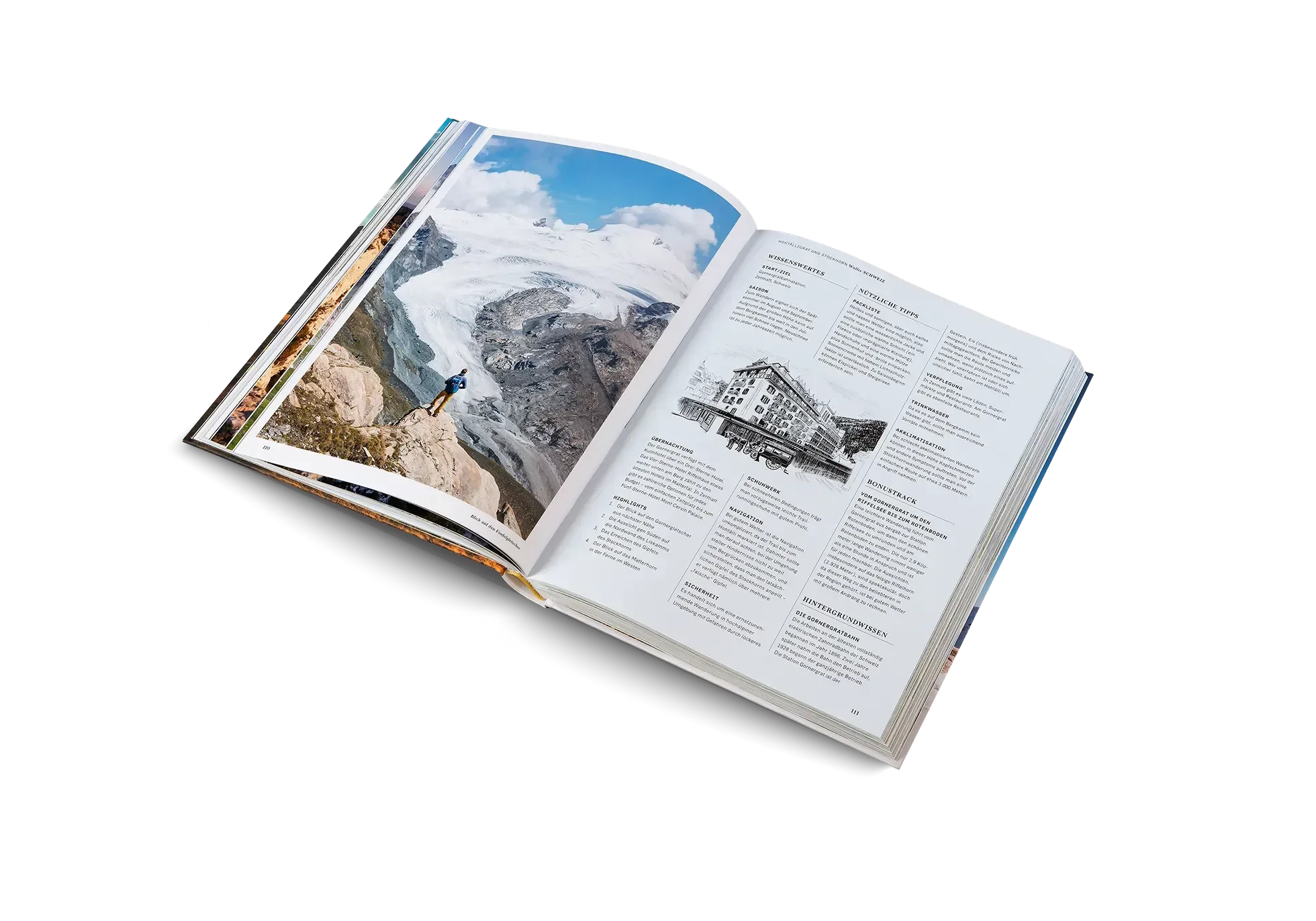 Auf einer weißen Fläche liegt ein aufgeschlagenes Wanderlust Alpen Buch von gestalten EU Shop, das auf der linken Seite eine Person auf einer Bergklippe an einem Gletscher und auf der rechten Seite Text neben einer schwarz-weißen Gebäudeskizze zeigt.