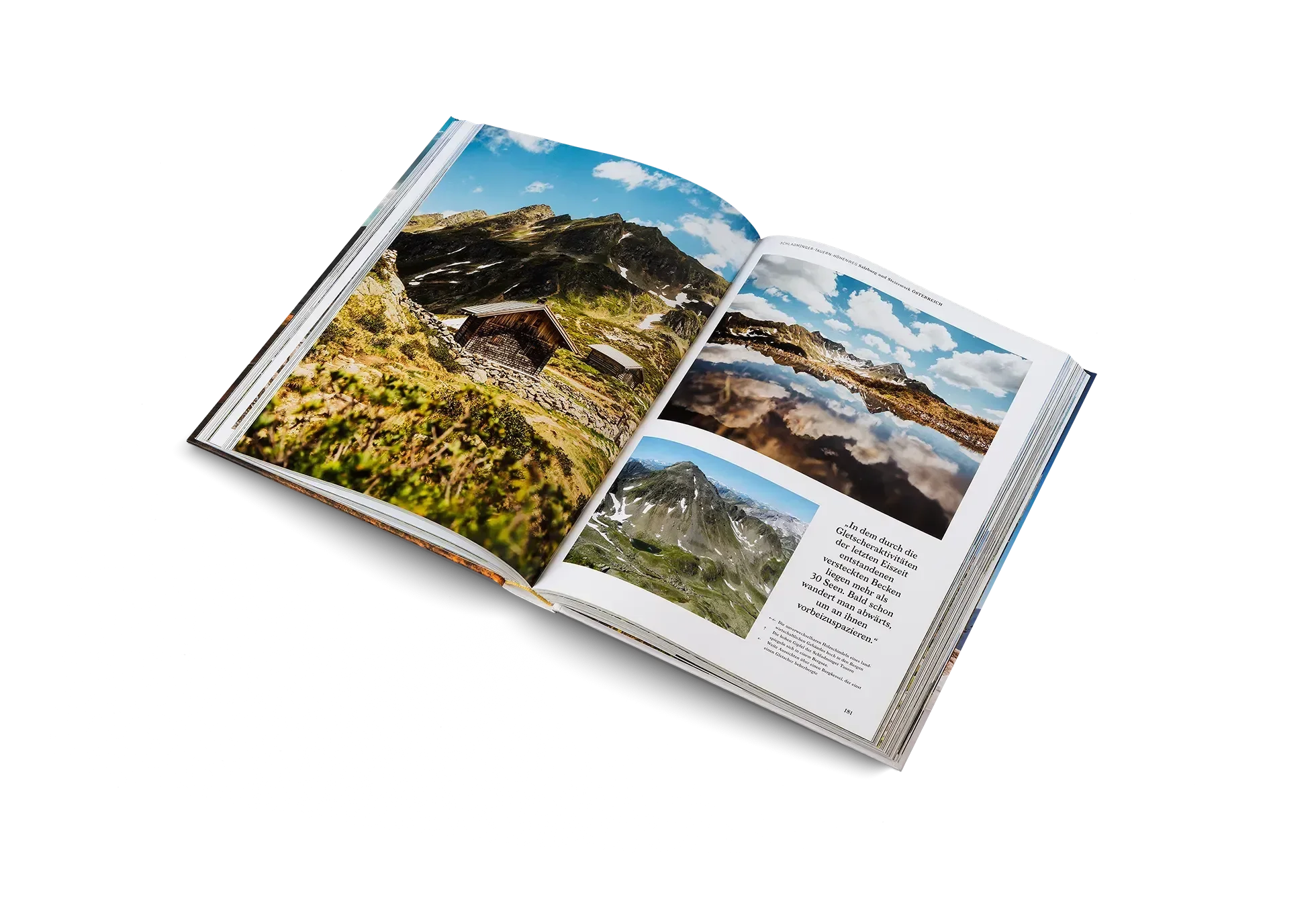 Das aufgeschlagene Buch Wanderlust Alpen von gestalten EU Shop zeigt lebendige Berg-, Hütten- und Seefotos unter blauem Himmel - die perfekte Inspiration für Ihr nächstes Alpenabenteuer. Auf dem weißen Hintergrund ist ein Textblock zu sehen.