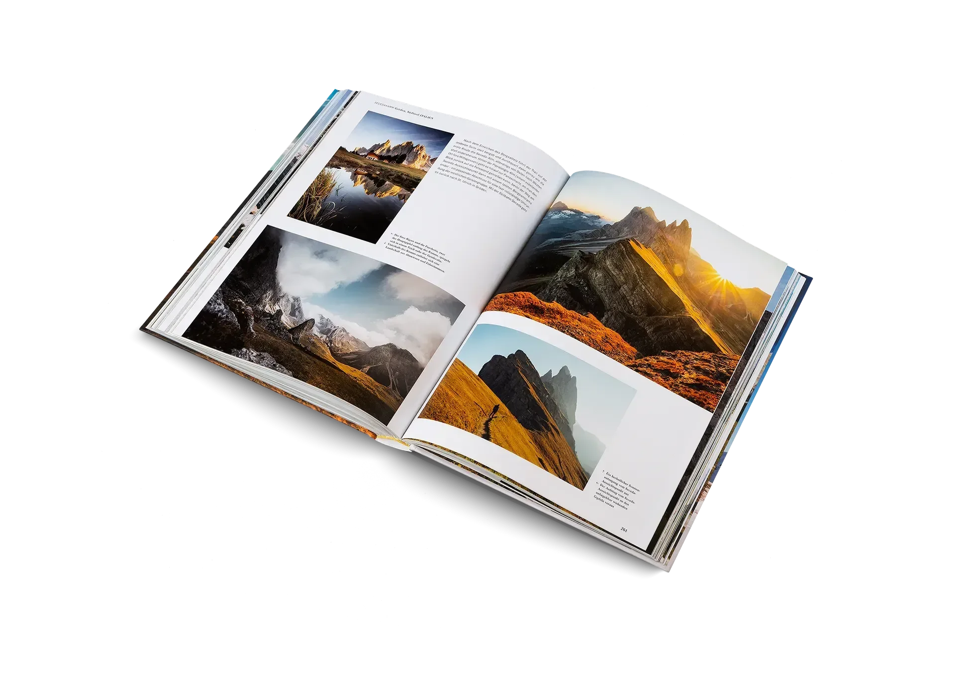 Das aufgeschlagene Fotobuch Wanderlust Alpen von gestalten EU Shop zeigt atemberaubende Berg-, See- und Tallandschaften entlang malerischer Alpenpfade mit kurzen Bildunterschriften - alles auf einem schlichten weißen Hintergrund.