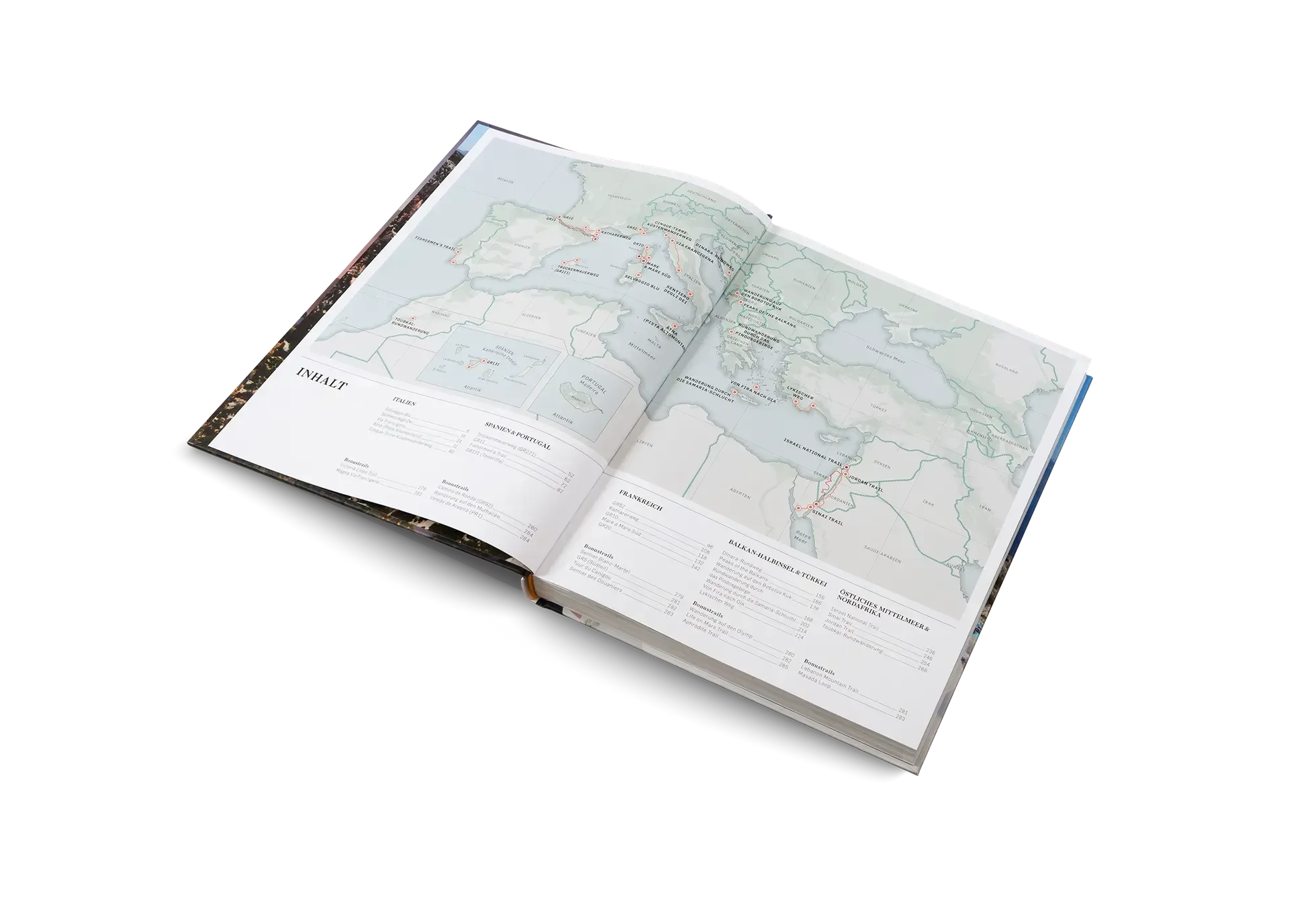 Das Buch Wanderlust Mittelmeer von gestalten EU Shop enthält eine Karte von Europa, Nordafrika und dem Nahen Osten mit eingezeichneten mediterranen Wanderwegen, sowie Tabellen mit Infos und Tourentipps auf der linken Seite.
