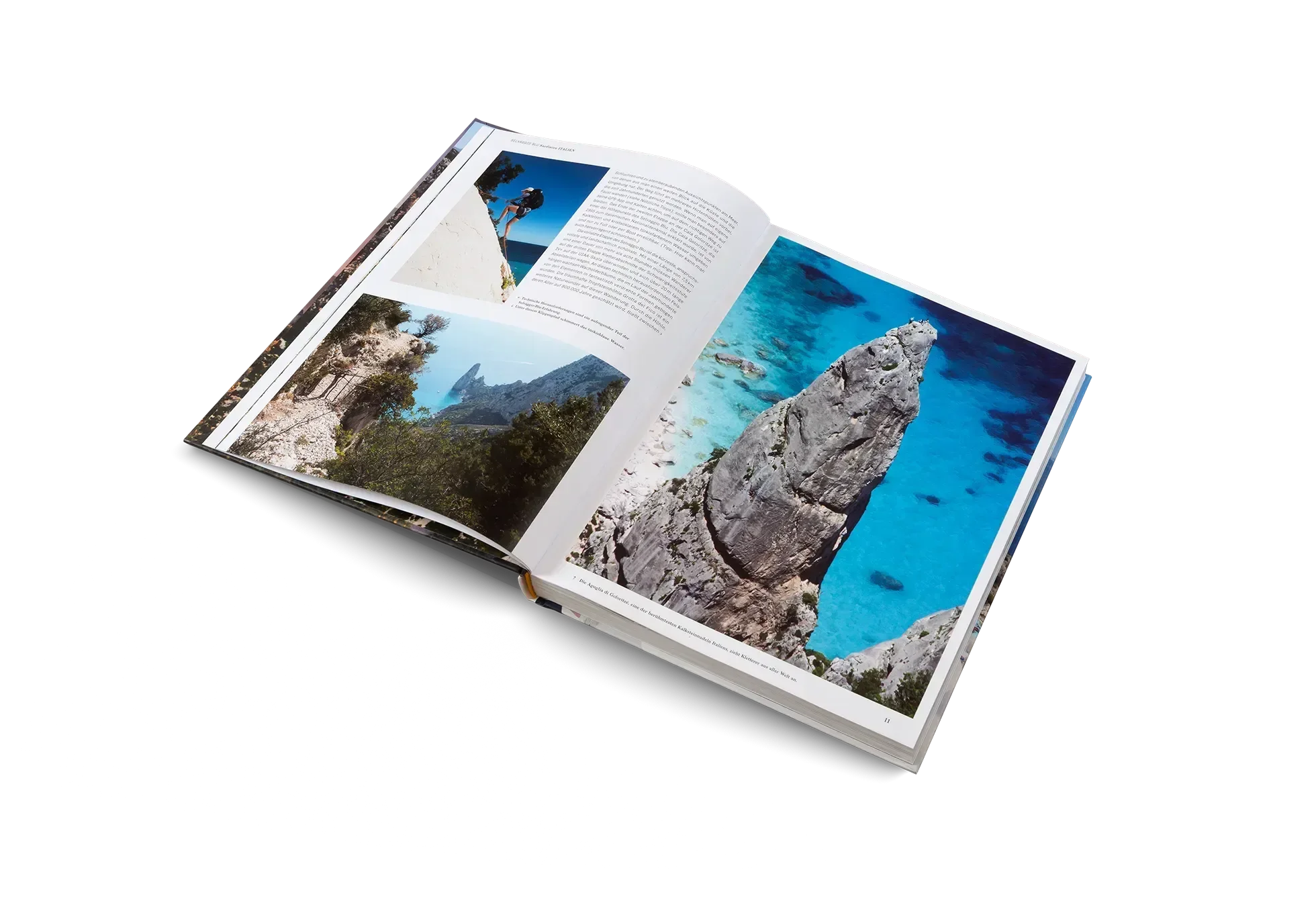 Der "Wanderlust Mittelmeer" von gestalten EU Shop ist auf einer weißen Fläche geöffnet und zeigt Fotos von felsigen Küsten, blauem Meer und einem Wanderer - perfekt, um sich für das nächste mediterrane Wanderabenteuer inspirieren zu lassen.