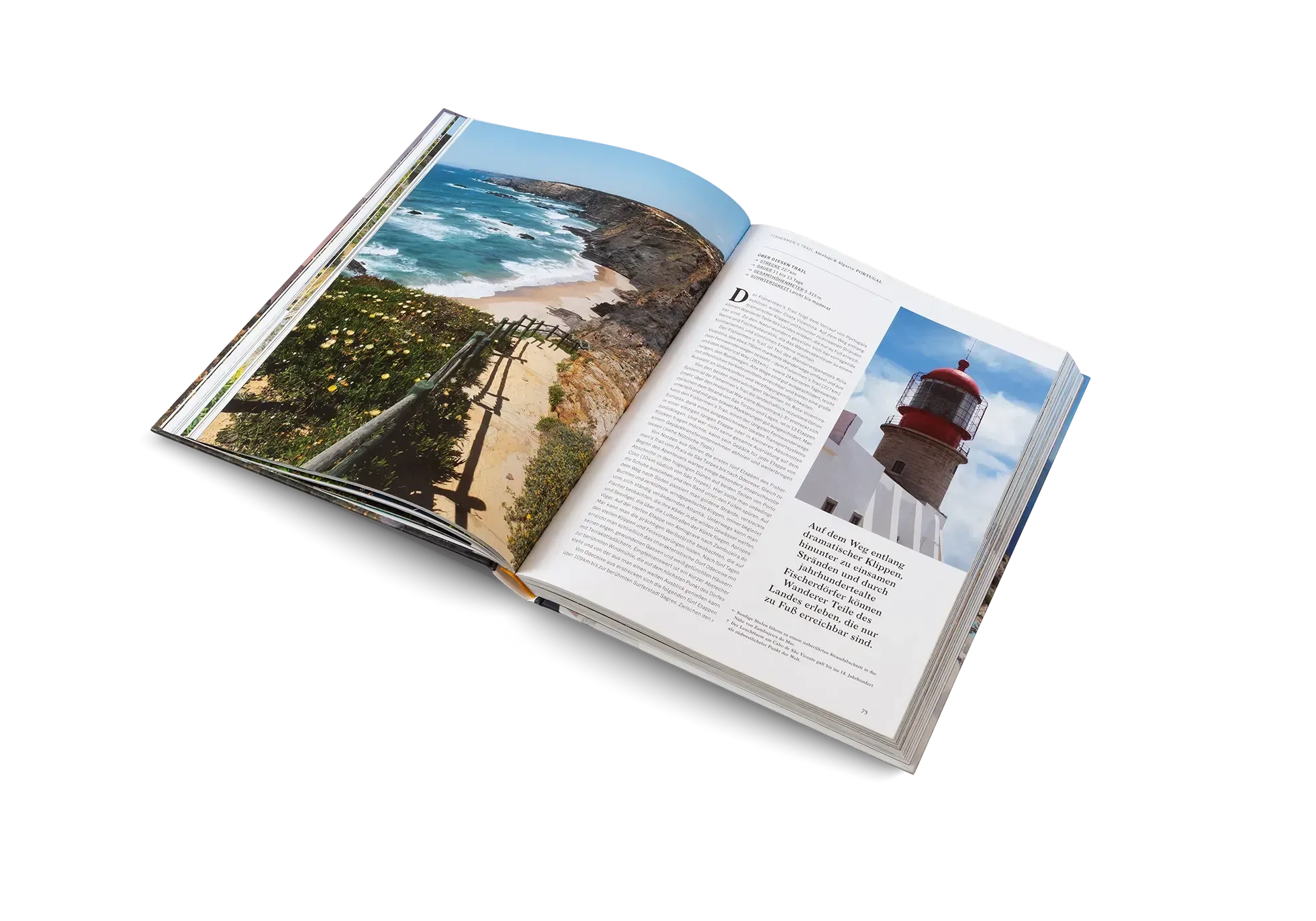 Das aufgeschlagene Buch "Wanderlust Mittelmeer" von gestalten EU Shop zeigt auf der linken Seite Küstenklippen und Meer, auf der rechten Seite ein Leuchtturmfoto und einen Text über die mediterranen Wanderwege, alles vor einem weißen Hintergrund.