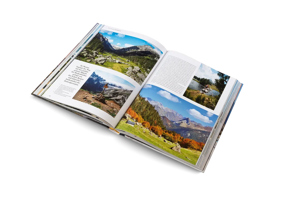 Das aufgeschlagene Hardcover-Buch "Wanderlust Mittelmeer" von gestalten EU Shop zeigt auf strahlend weißen Seiten lebendige Fotos von Bergen, Wäldern und Wiesen, dazu Texte zu Tourentipps und mediterranen Wanderwegen.