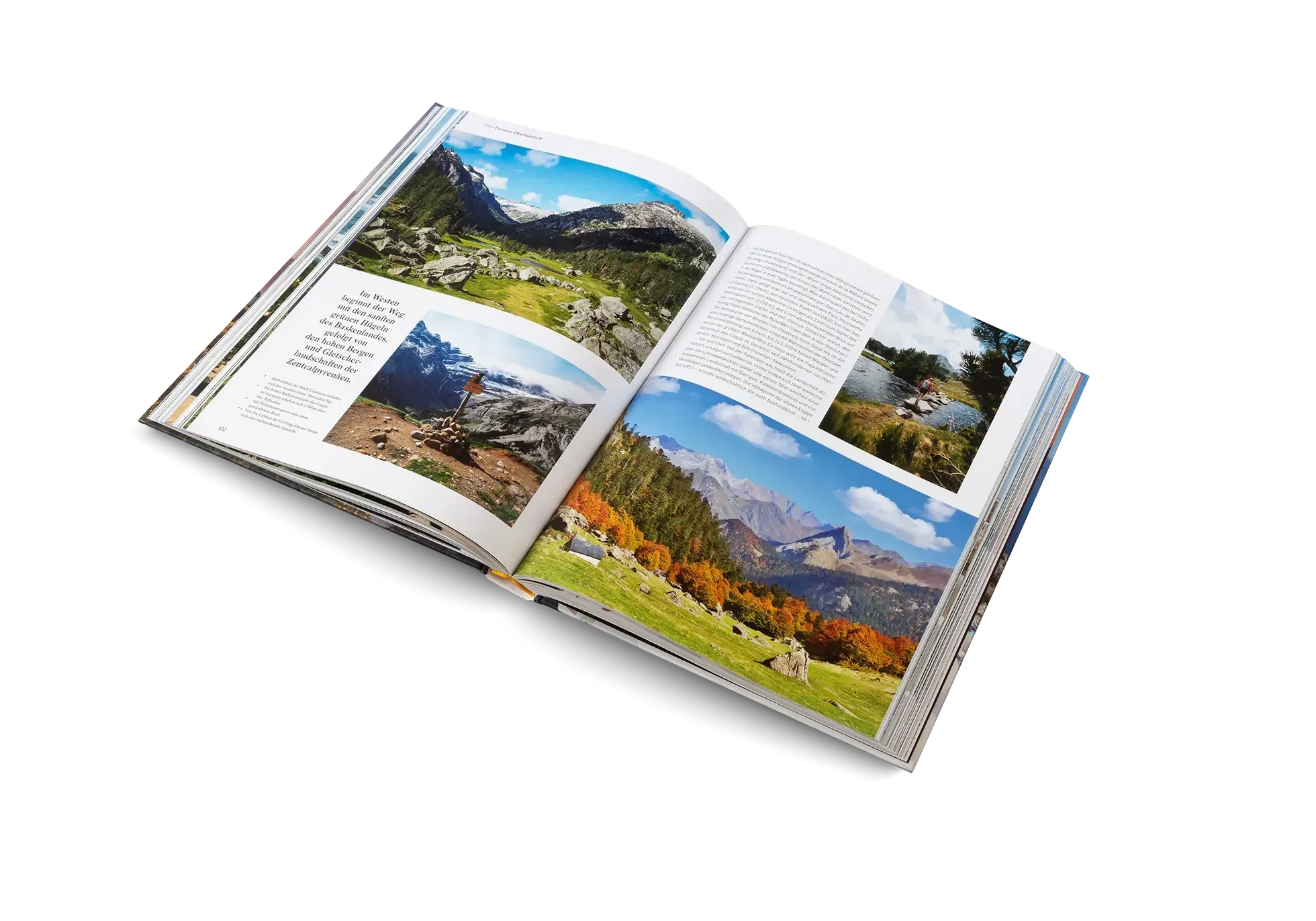 Das aufgeschlagene Hardcover-Buch "Wanderlust Mittelmeer" von gestalten EU Shop zeigt auf strahlend weißen Seiten lebendige Fotos von Bergen, Wäldern und Wiesen, dazu Texte zu Tourentipps und mediterranen Wanderwegen.