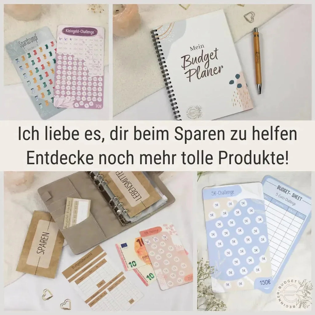 Eine Collage zeigt das BeginnerBudget Spar-Challenge-Set: ein spiralgebundener Planer, Spar-Challenges-Blätter mit Kontrollkästchen, ein "Sparen"-Ordner, Umschläge, Stift und dekorative Herzen auf hellem Hintergrund.
