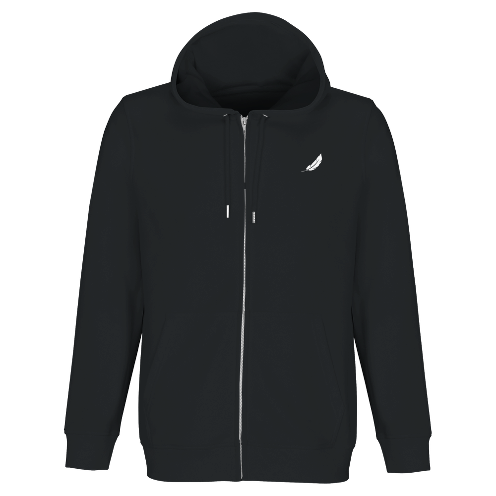 Schwarzer zip-up städte-hoodie mit weißem feder-logo links auf der brust und nachhaltigem reißverschluss