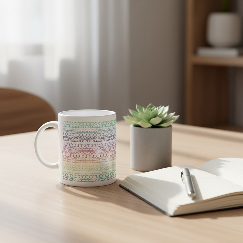 Weiße keramiktasse mit bunten pastellfarbenen geometrischen mustern und sarkastischer botschaft not my fucking problem