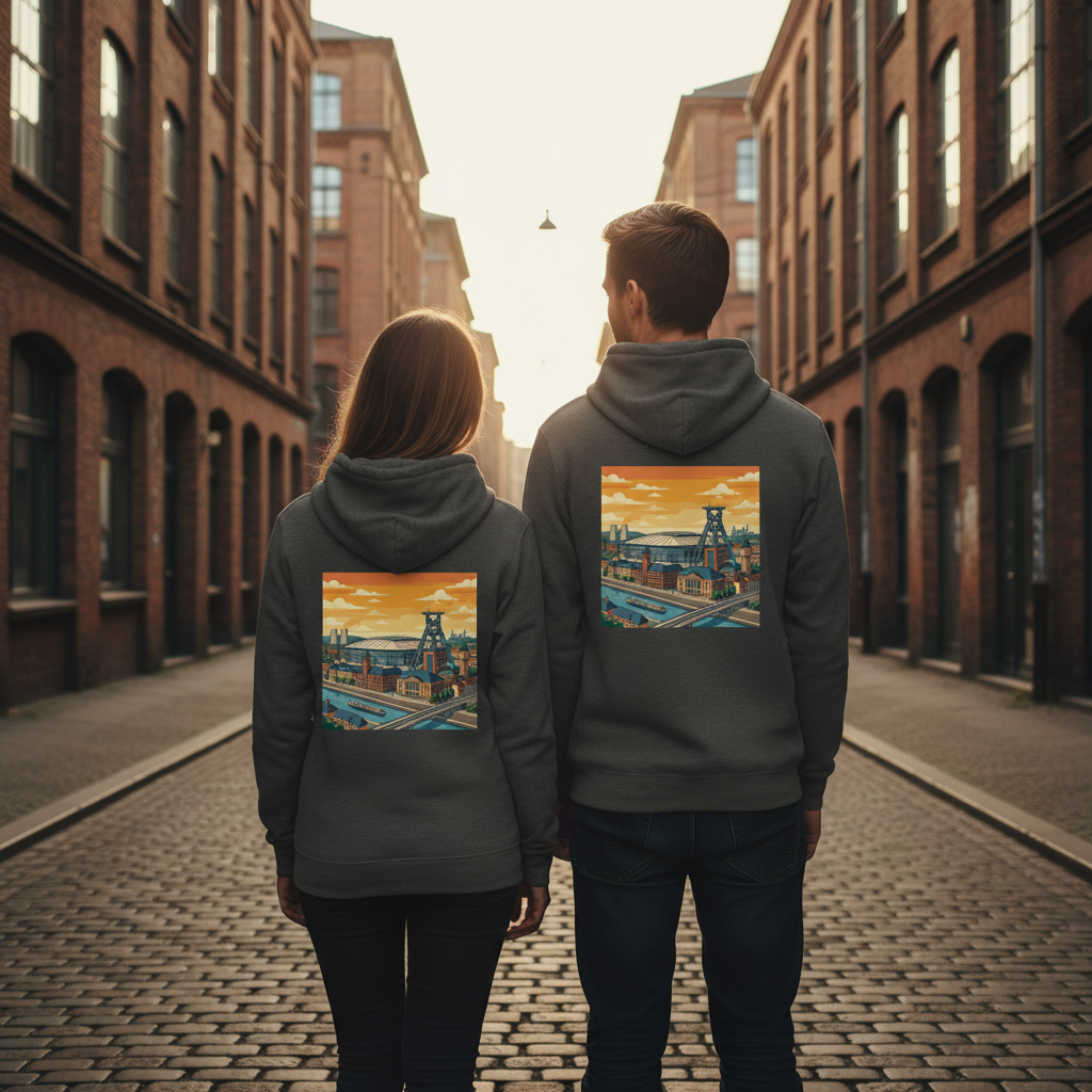 Darkgrauer städte-hoodie mit nachhaltigem reißverschluss und farbiger industrielandschaft auf der rückseite