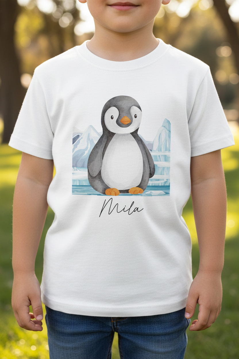 Weiße baumwoll-kinder t-shirt mit süßem aquarell-pinguin und personalisiertem namen mila für kindergeburtstag und schulgebrauch