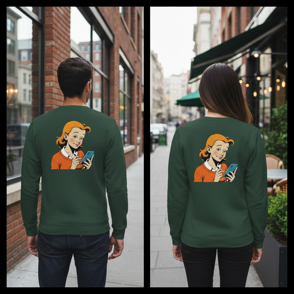 Dunkelgrüner crewneck sweatshirt mit cartoonillustration einer frau mit orangefarbenen haaren und smartphone