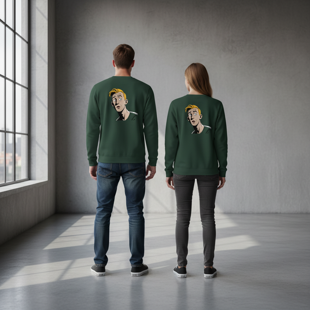 Dunkelgrüner vintage comic pullover mit langärmeln und cartoonillustration einer blondhaarigen figur auf der rückseite