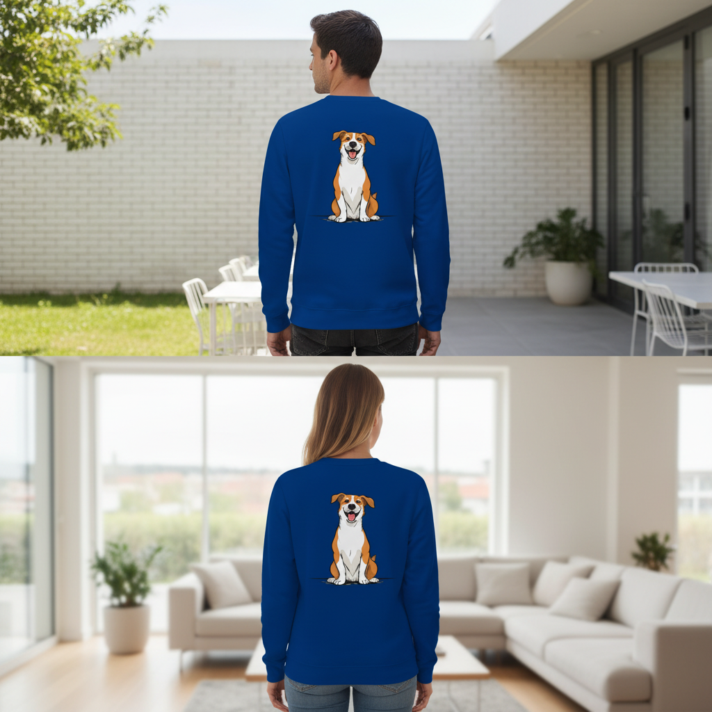 Blauer vintage comic pullover mit cartoon hund auf der rückseite humorvoller sarcasm pullover für alltag und style