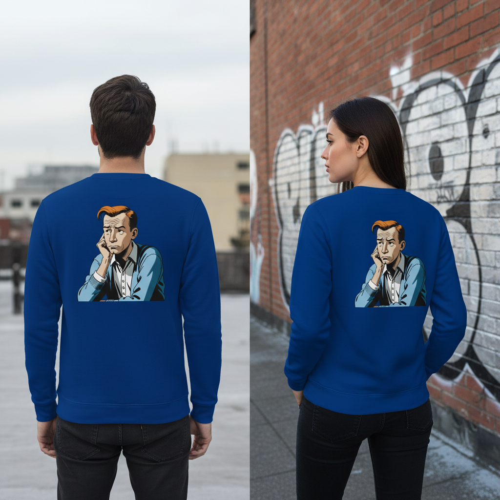 Royalblauer vintage comic pullover mit cartoonillustration eines nachdenklichen manns mit orangen haaren