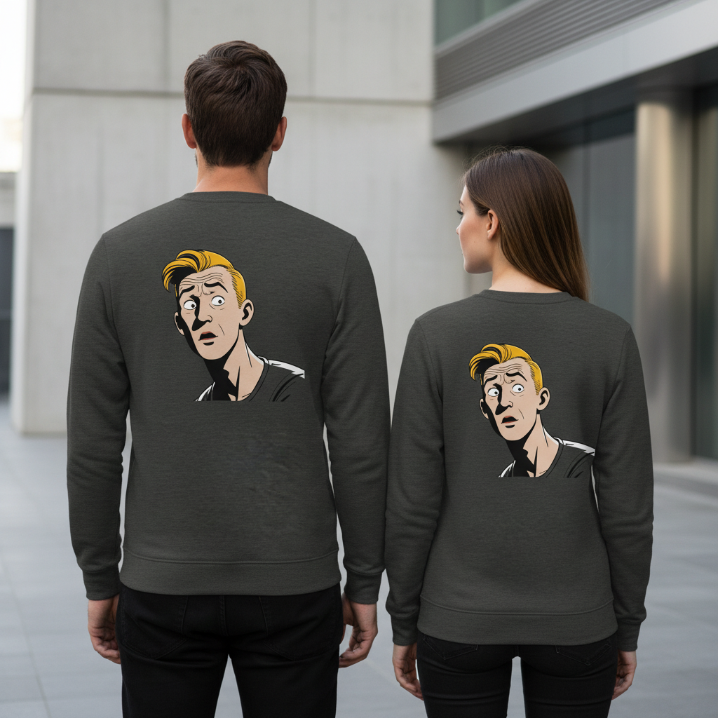 Dunkelgrauer langarm vintage comic pullover mit cartoon mann und blonden haaren für humorvollen alltagsstil