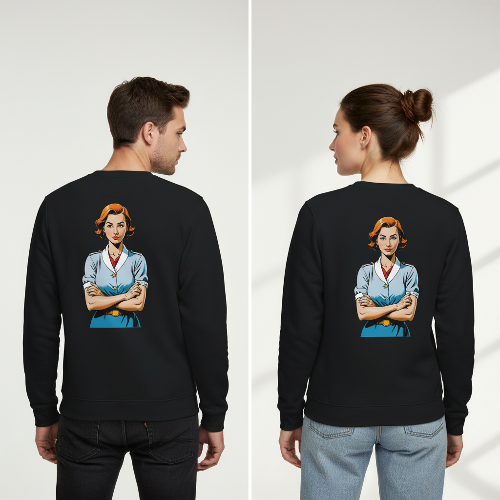 Schwarzer vintage comic pullover mit langärmeln und blau gekleideter frau illustrationen für alltag und style