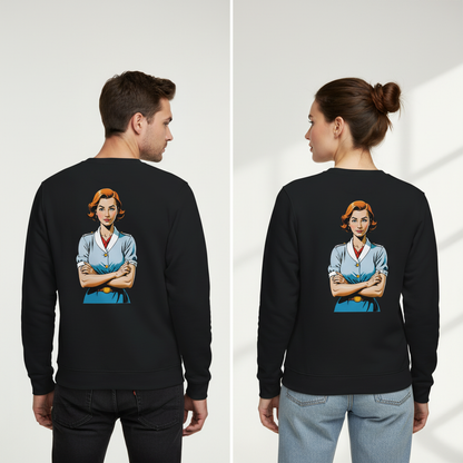 Schwarzer vintage comic pullover mit langärmeln und blau gekleideter frau illustrationen für alltag und style