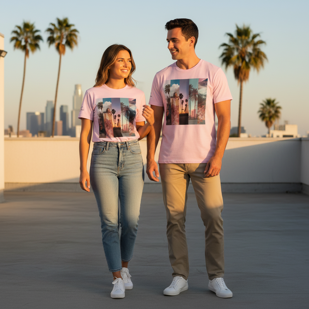 Rosa kurzärmeliges la sentimental heavyweight t-shirt mit rechteckigem palmenprint und frau im kleid