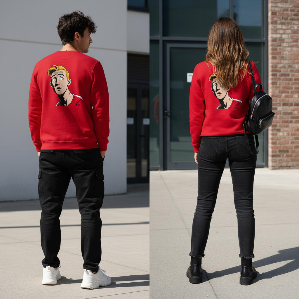 Roter vintage comic pullover mit cartoon grafik auf der rückseite für humorvollen alltagsstyle